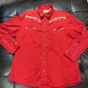 Scully Shirt Mens L Red Western Music Notes Snap Long Sleeve Embroidery